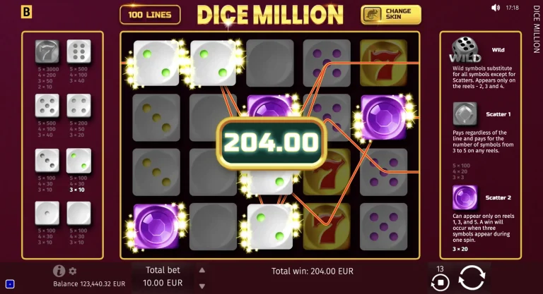 Scoring a win in Dice Million from BGaming.