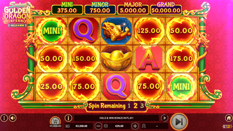 Scoring a bonus in Super Golden Dragon Inferno from Betsoft.