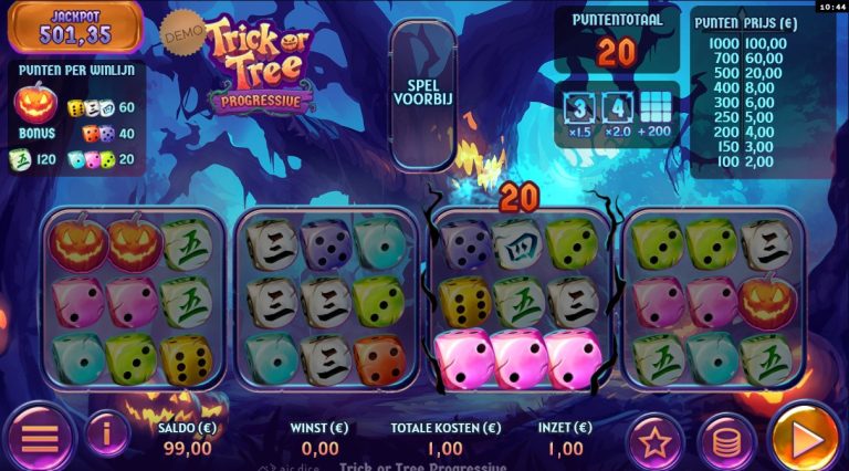 Gameplay of Trick or Tree Progressive from Air Dice.